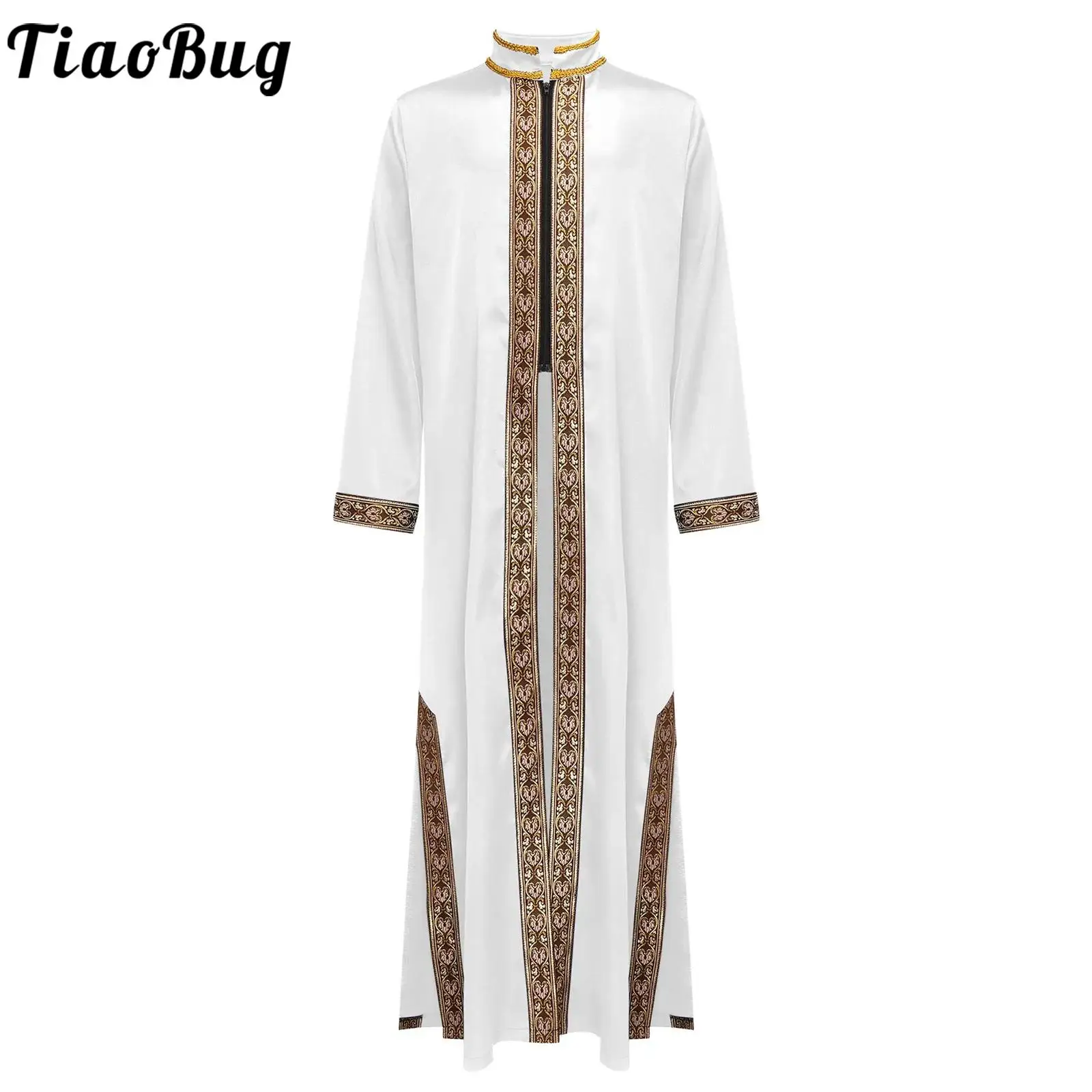 

Kid Boys Long Sleeves Gold Embroidery Muslim Robe Front Slit Zipper Kaftans Arab Gown Islamic Long Robe Festival Holiday Costume