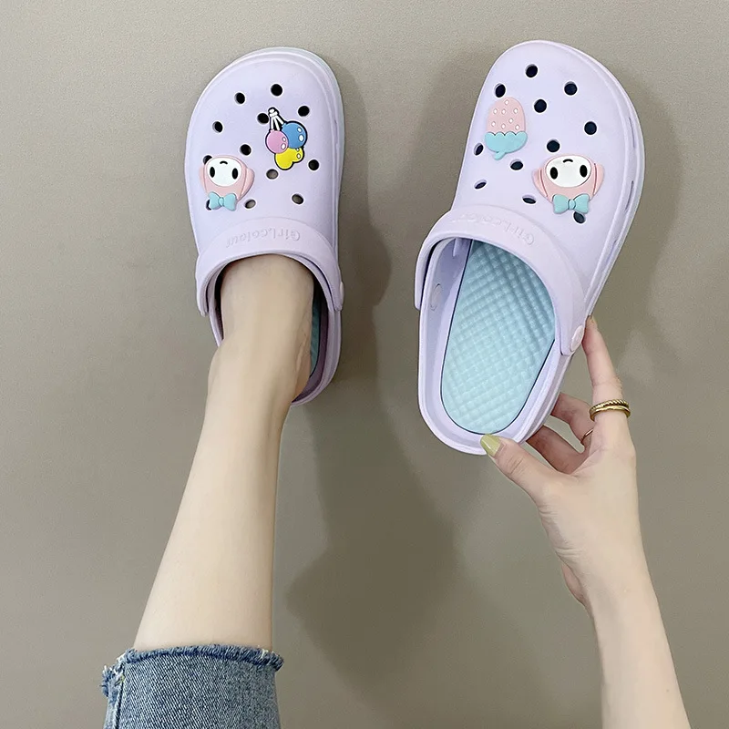 Summer Women\'s Hole Shoes 2024 Fashion Soft Sole EVA Garden Shoe Anti Slip Thick Sole Sandals Cartoon Accessories Hole Slippers