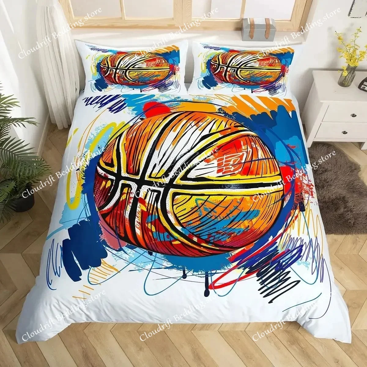 

Tie Dye Basketball Duvet Cover Queen Bedding Set Grunge Neon Sports Comforter Polyester Neon Ball Game Quilt Cover