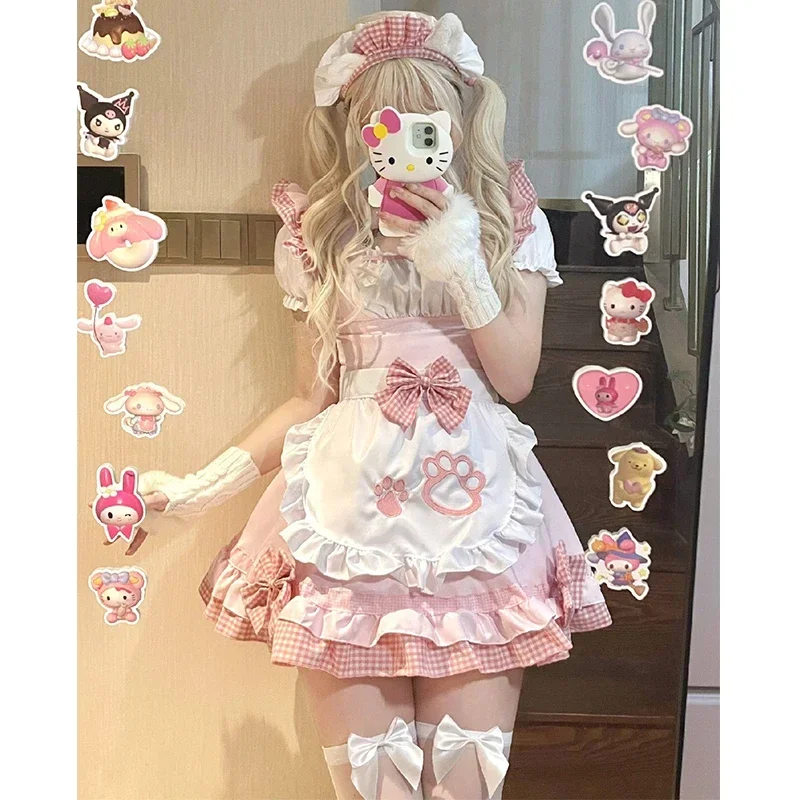 Lolita Kat Meisje Anime Meid Uniform Vrouwen Halloween Cosplay Feestjurk Japanse Zoete Plaid Serveerster Prinses dienstmeisjes outfit 5XL