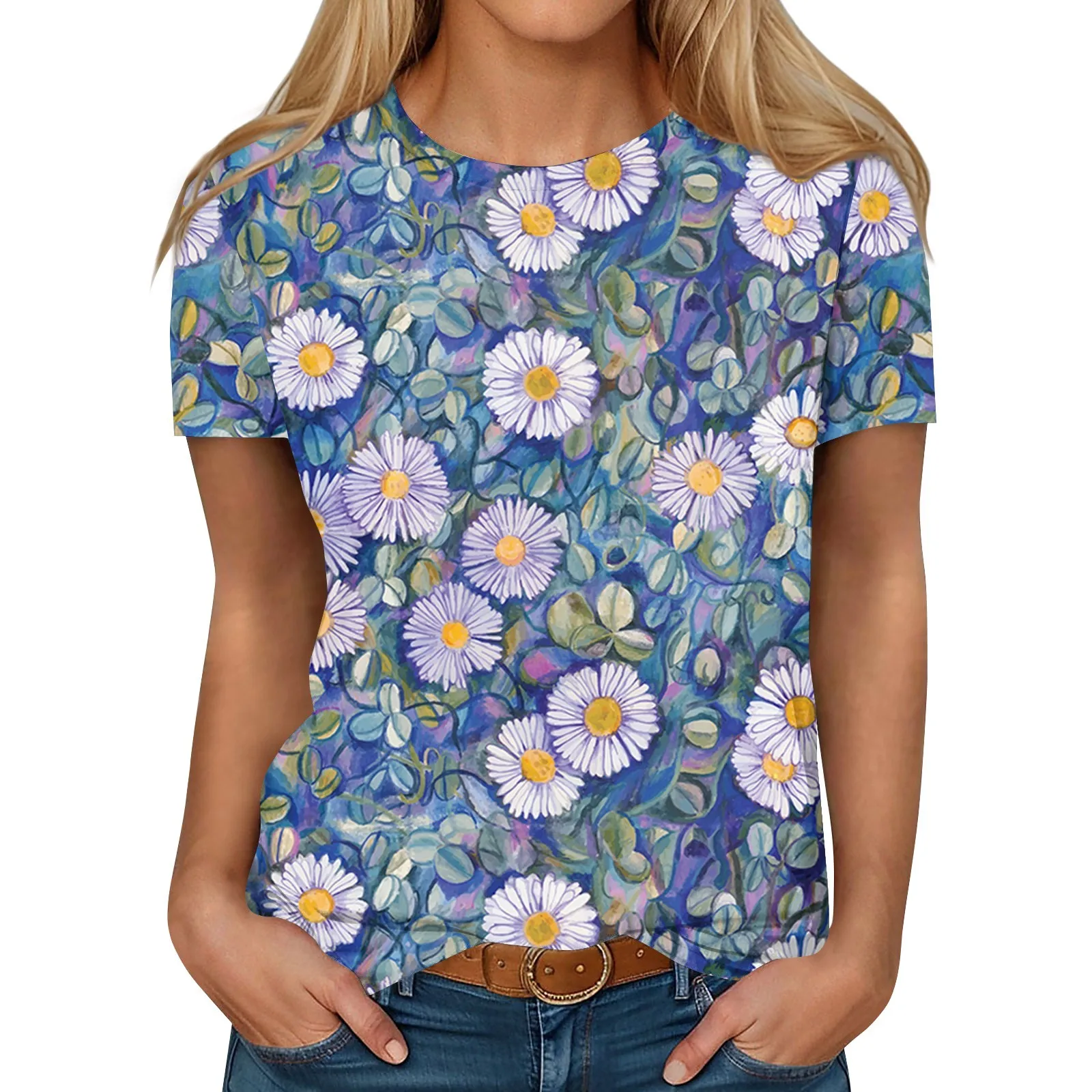 Camiseta feminina com estampa floral 3D com decote em O, camiseta feminina, tops femininos, Harajuku, streetwear de manga curta feminina, roupas casuais, verão