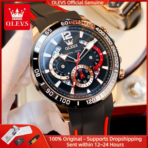 OLEVS 9936 Reloj de cuarzo Original de lujo para Hombre, correa de silicona, cronógrafo con luz nocturna resistente al agua, Reloj de marca superior para Hombre