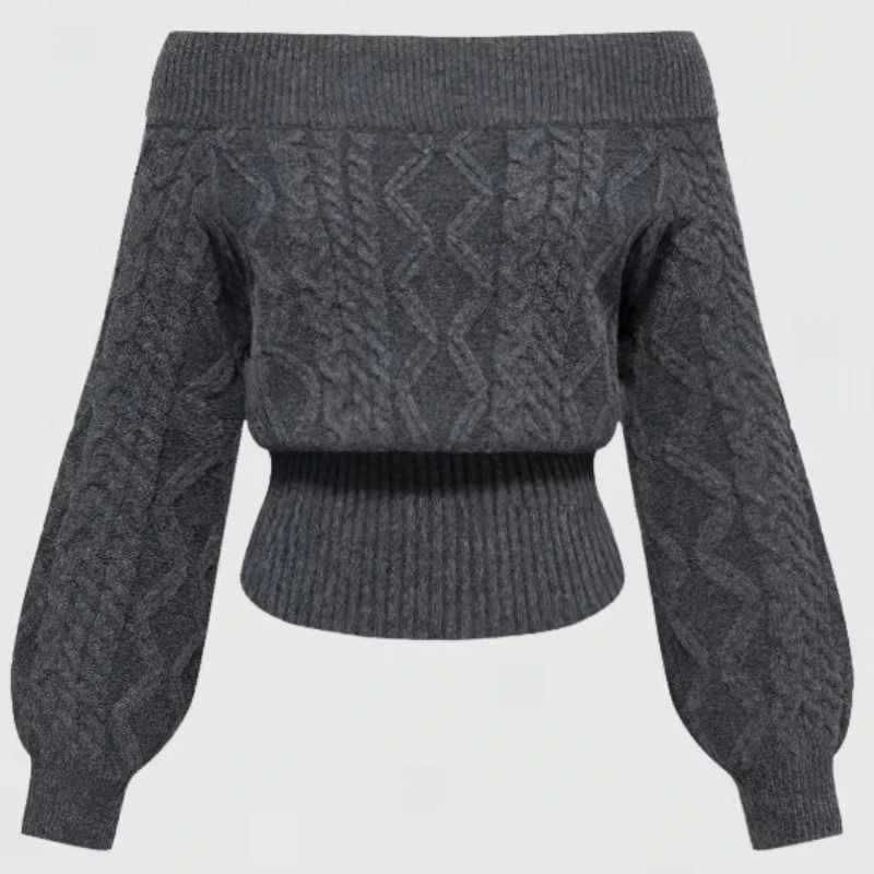 Ins Autumn Winter New Style Shoulder Bared Sweater Women's Loose Slimming Short Knitted Top Off Shoulder Style Casual Chic Coat