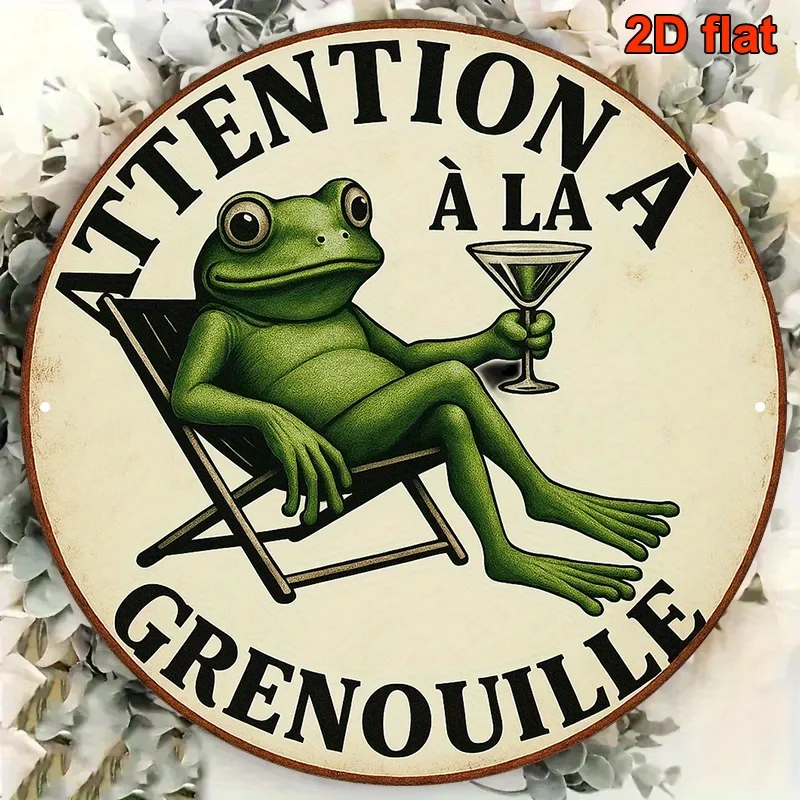 2D Flat, 1pc French Frog Warning Sign - 8-Inch Round Vintage French 