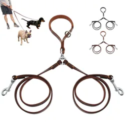 Double Dog Leash Genuine Leather Dual Dog Leash 360 Swivel Walking & Training Leash For Two Dogs Soft Handle
