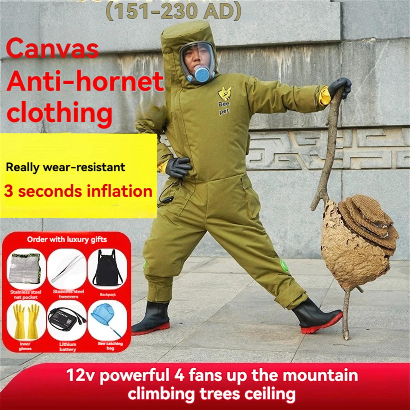Ultra Durable Inflatable Canvas Beekeeping Suit 12V 4-Fan Breathable Cooling One-Piece Set Anti Hornet Wasp Sting Protection