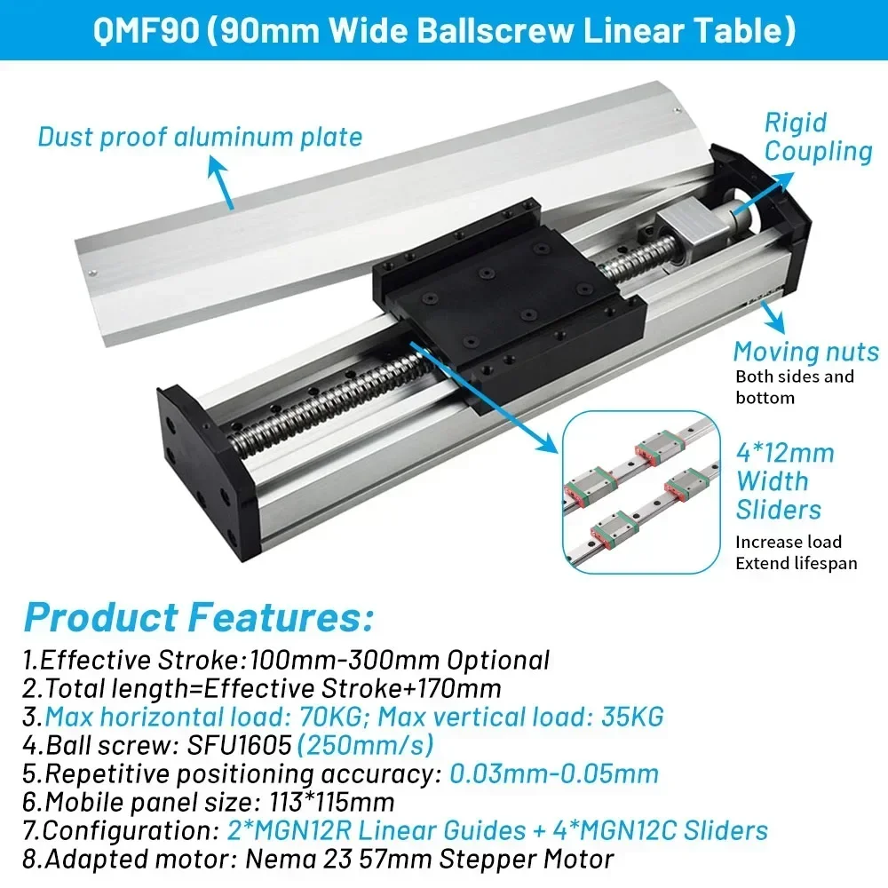 Linear Motor Driver Kit 70KG Load Enclosed Linear Rail Guide Motorized Heavy Duty Ballscrew Slide Table SFU1605 4PCS MGN12C