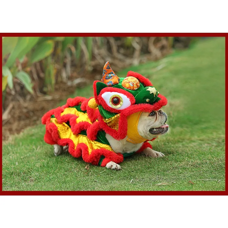 

Костюм собаки для танца льва, забавный костюм дракона для французского плюшевого пуделя, корги, китайский новогодний праздничный наряд для домашнего животного