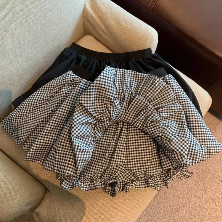 Summer Teen Girls Puff Skirt Retro Checkered High Waist A-Line Mini Skirt for Kids Cute Bubble Hem School  Short Skirt