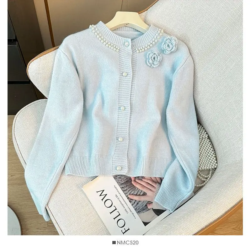 Female Sweet Bright Line Decoration Solid Color Knitting Cardigan Autumn Winter Women Clothing Simplicity Buttons O-neck Sweater