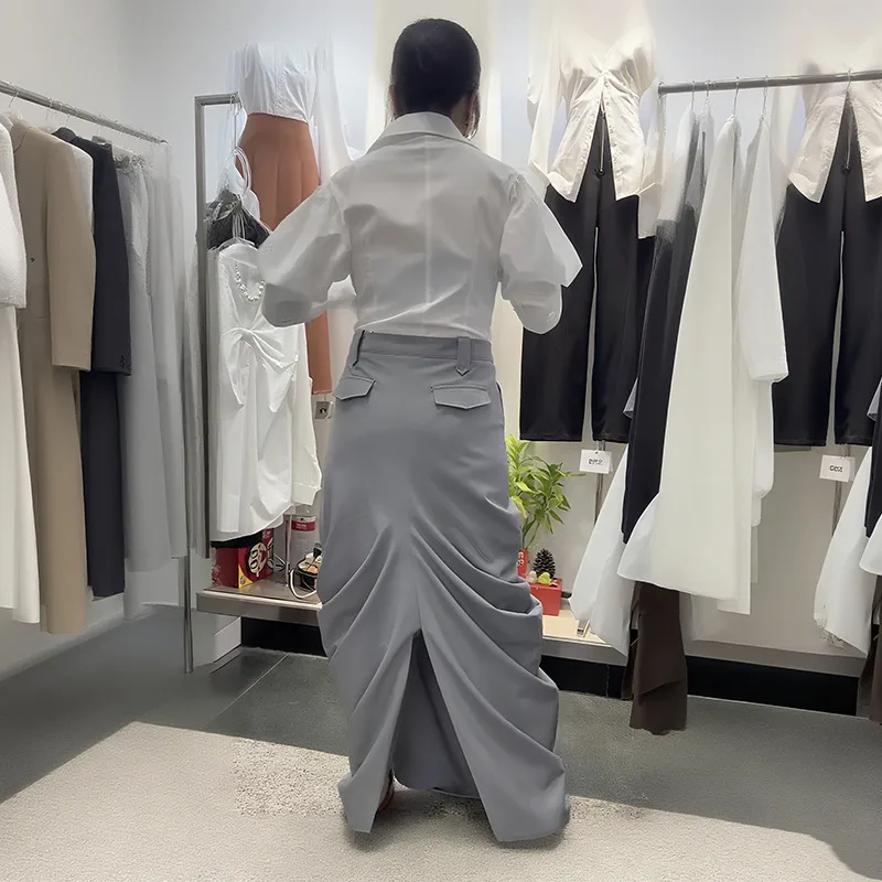 [EWQ] Elegant High Waist A-line All-match Clothing Minimalist Office Women's Fold Skirt Bottom Slit Design Skirts 2025 Autumn