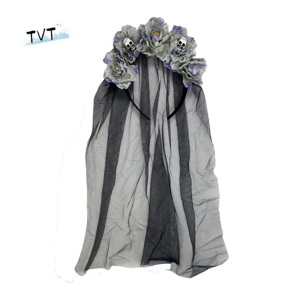 

Long Ribbon Veil Halloween Hair Band Skull Design Girls Day of The Dead Flowers Headdress Red Rose Floral Gothic Head Hoop