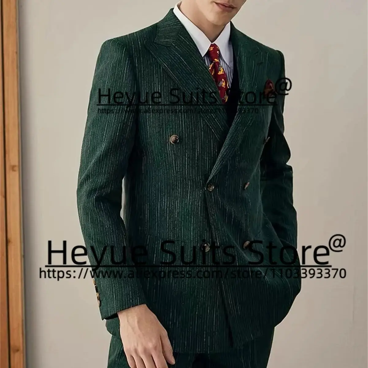 

High-end Fashion Double-breasted Green Men Suits Slim Fit Peak Lapel Groom Forma Tuxedos Prom2 Pieces Sets Business traje hombre