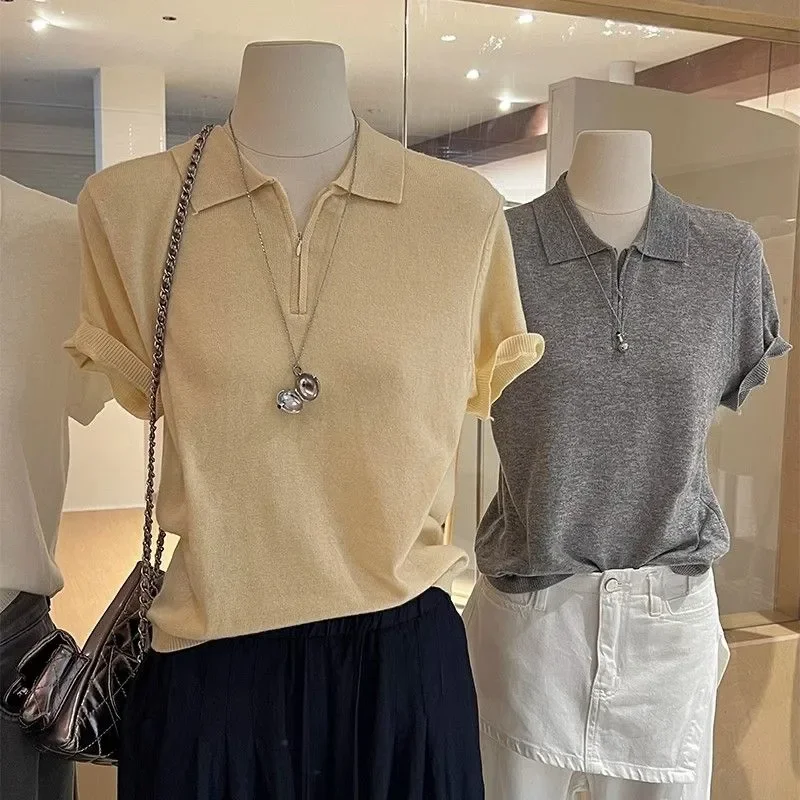 Womens Knit Polo Shirt Short Sleeve Half Zip Collar Cropped Casual Top