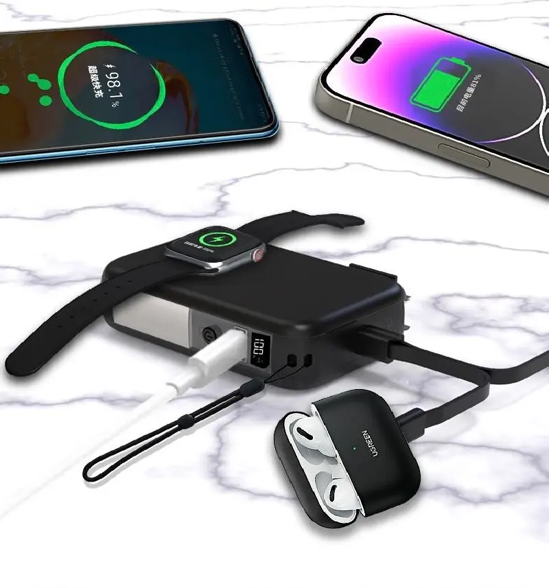 ZECAA 고속 충전 22.5W PD20W 디지털 무선 전원 은행 10000mAh AC 플러그 포함 충전 케이블 및 Led 캠핑 라이트 내장