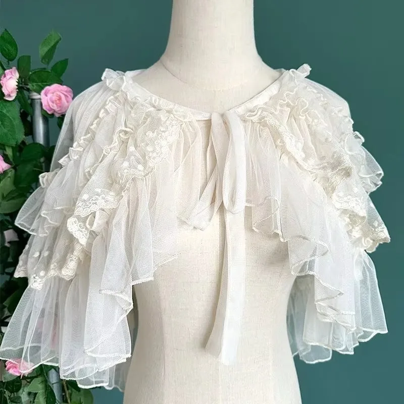 Women Sweet Kawaii Lolita Short Shawl Poncho Mesh Open Front Cape Cardigan