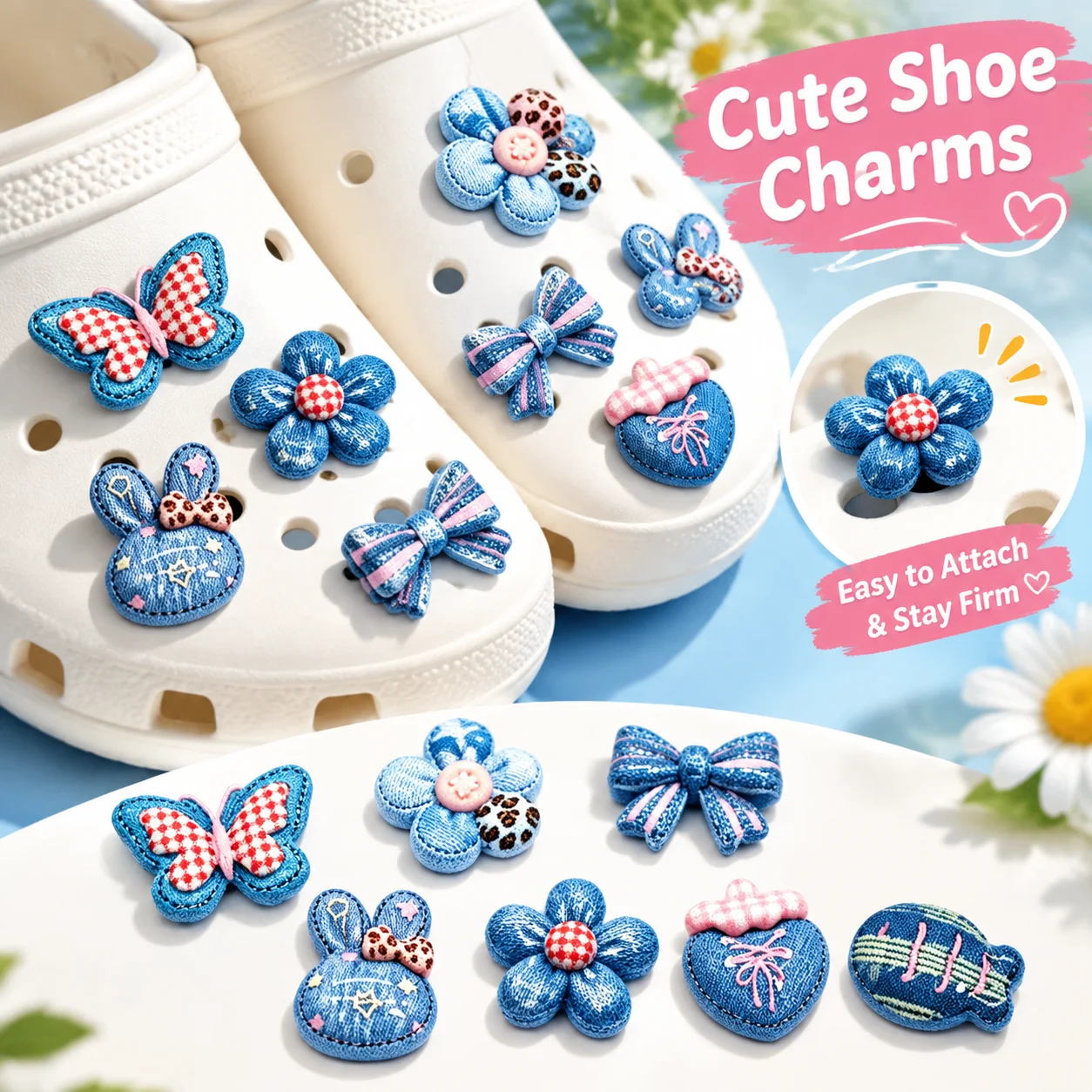 12pcs Mixed Vintage Denim Texture Resin Shoe Charms - Cute Clog Decor for Sandals & Beach Bags