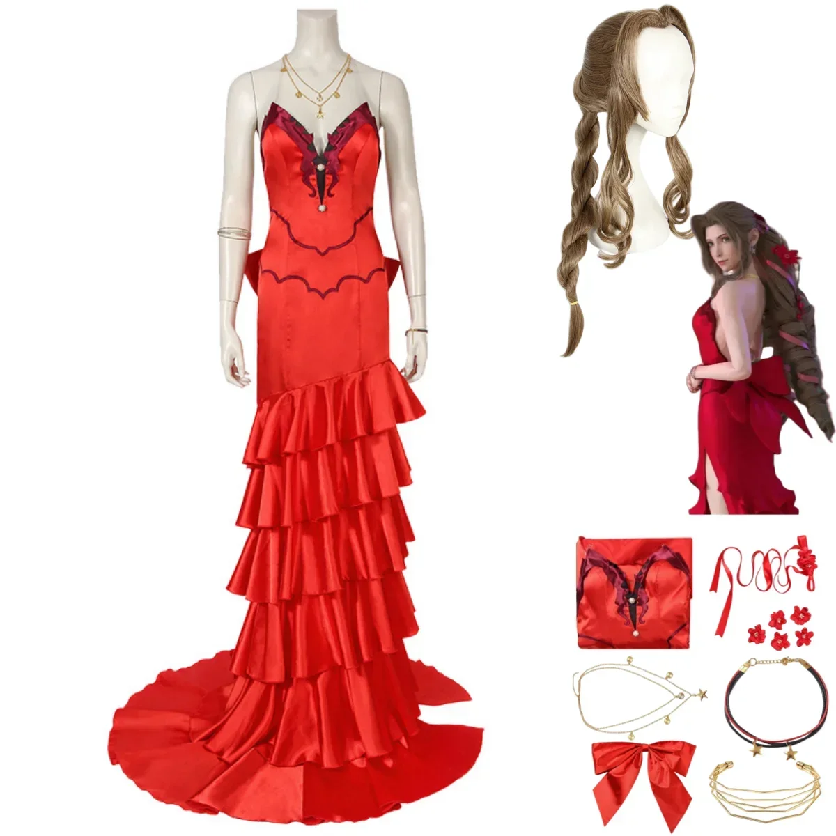 Disfraz de Anime de juego Final Fantasy VII para mujer, traje de Cosplay de Aerith Gainsborough, peluca roja, vestido de noche Sexy para carnaval y Navidad