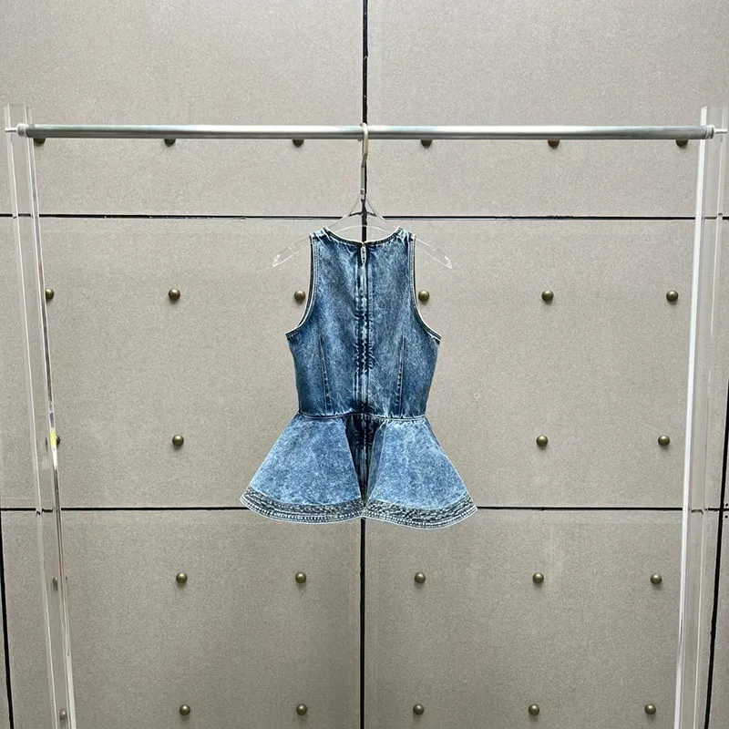 Women's Snowflake Print Denim Sleeveless Top, Round-Neck Ruffled Tank Top, Casual and Versatile T-Shirt, 2026, New Arrival, Y2K
