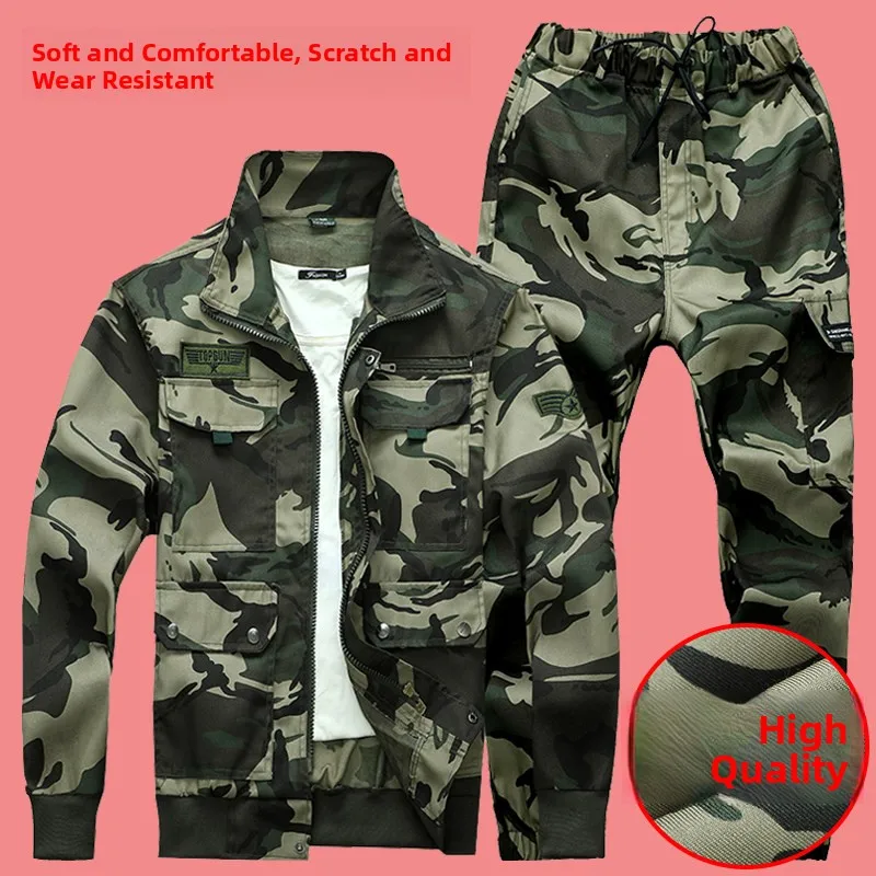 Camouflage Workwear Set Men's Spring Autumn Loose Long Sleeve Shirt And Pants Multi Pocket Dirt Resistant Work Clothing