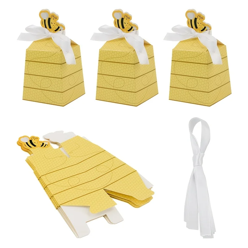 30pcs Paper Gift Boxes with Bee Designed Candy Boxes and Bow Decorations, For Christmas Party Packaging Boxes, Back To School