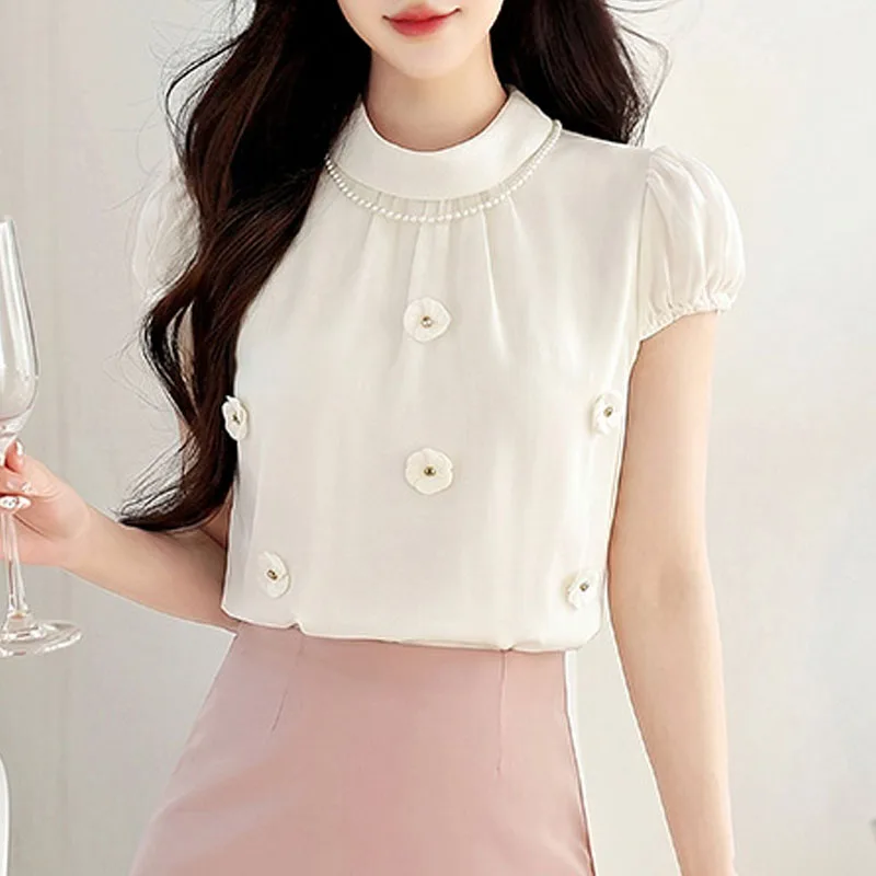 

2026 New Summer Stand Collar Women Blouse Shirt Short Sleeve Beading Floral Blouse Shirt Women Tops Blouses Shirts Camisas Q4057