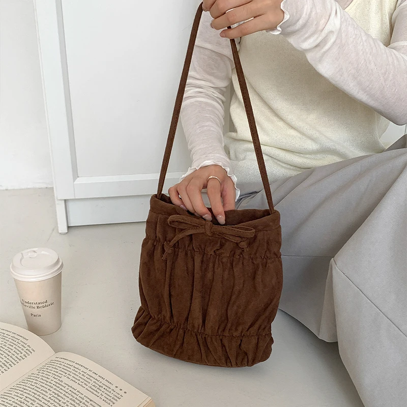 

Korean-style Fashionable Pleated Bag New High-end Bow Embellishment Suede Handbags Solid-color Versatile Lightweight Casual Bags