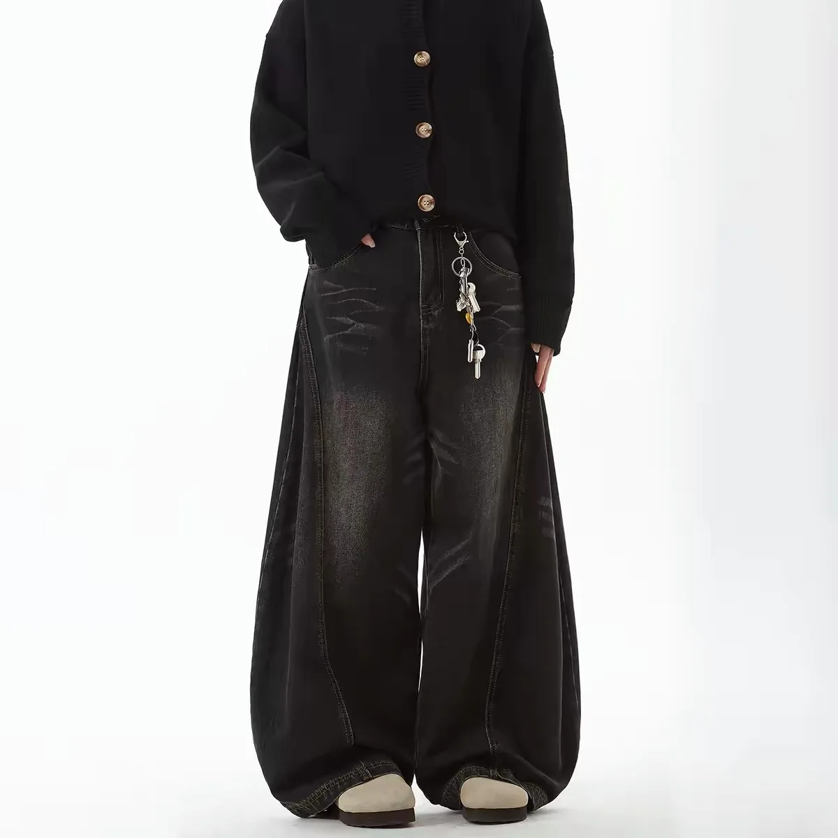 

American Style High Waist Wide Leg Jeans Women Loose Fit Washed Black Knife Denim Pants Casual Straight Long Trousers