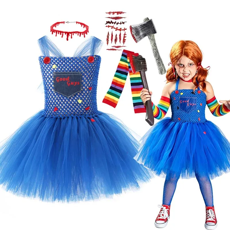 Disfraz de Muñeca Aterradora de Halloween para Niñas, Vestido de Tul Azul con Calcetines y Accesorios para Fiesta Temática de Carnaval