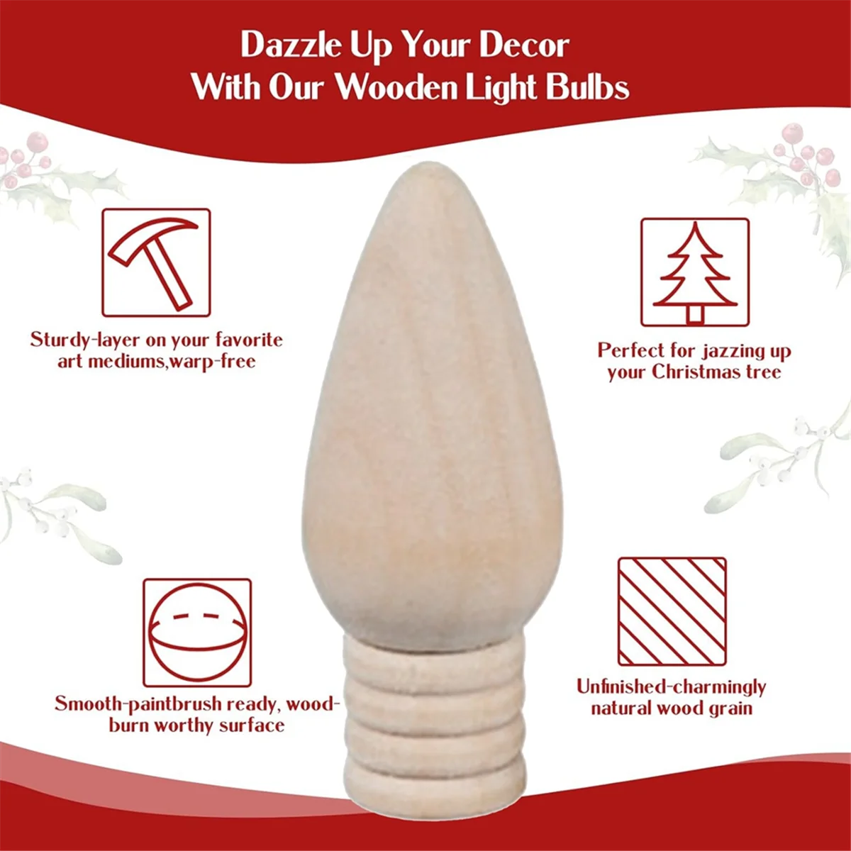 목재 크리스마스 전구 미완성 목재 장식품, 공예품 및 크리스마스 트리 공급, 2 인치 높이, 50 개
