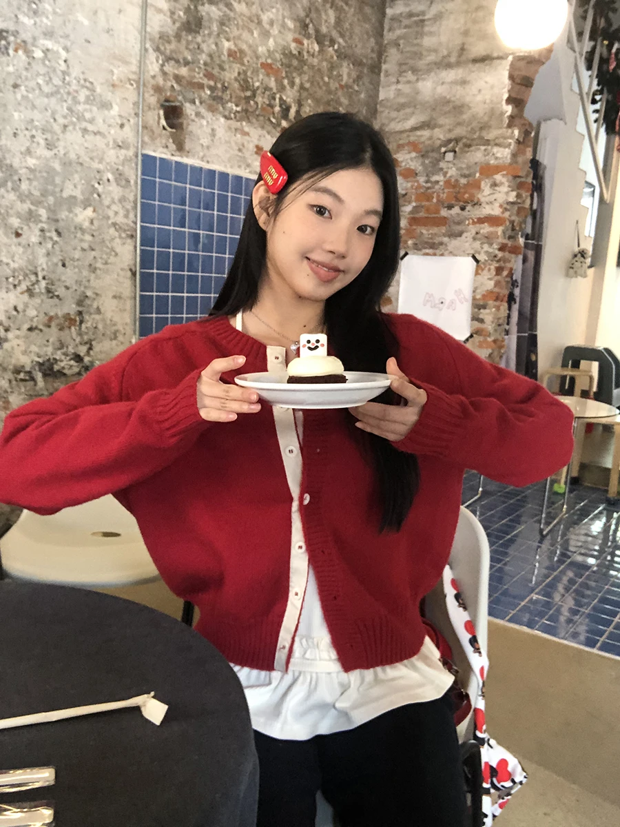 

Красный вязаный ор Кардиган женский Faion весна осень корейский свитер Sle Design Sense Jaet низкий круглый Ne Button Sve