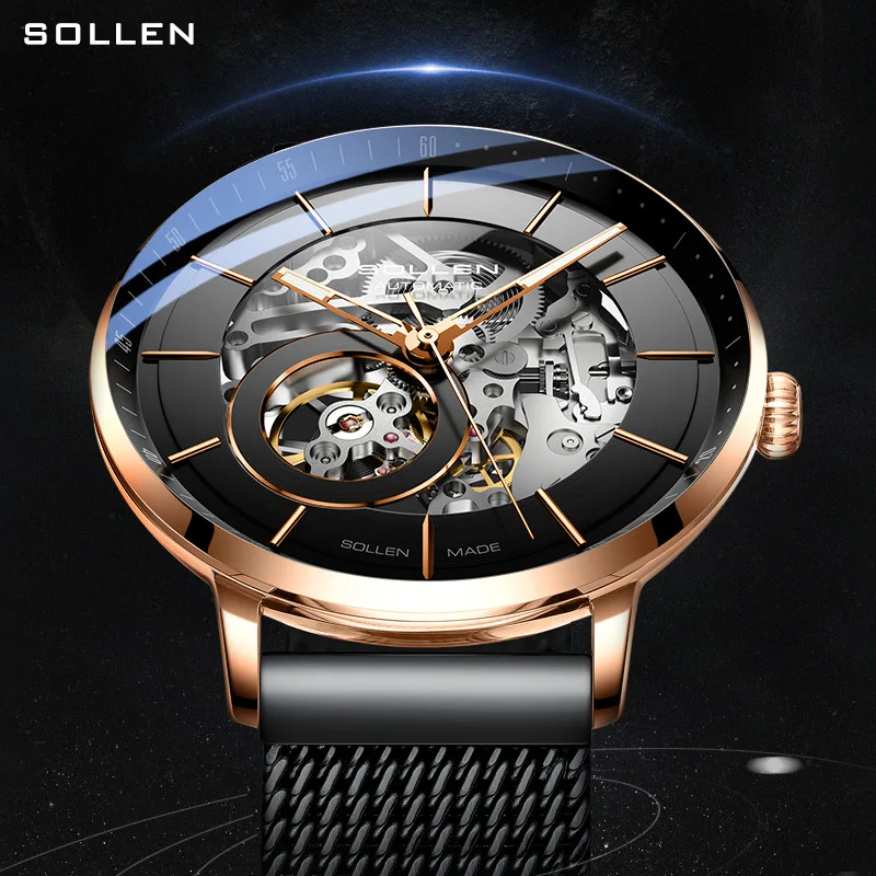 SOLLEN Men Watch Fashion Skeleton Dial Creative Mechanical Watches Mesh Strap Sports Watch For Men Clock Relogio Masculino Reloj