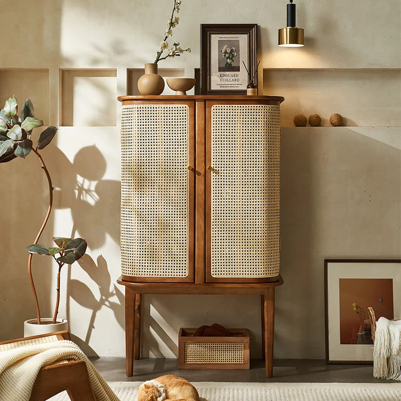 Wabi-sabi Japanese rattan solid wood dining side cabinet log wind storage side cabinet living room locker wine cabinet porch