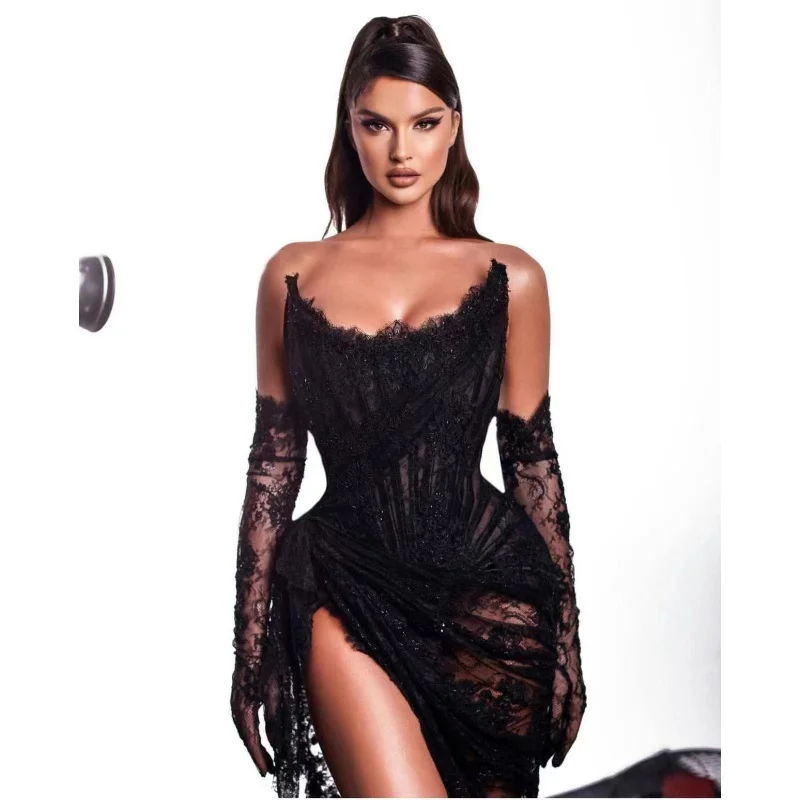 Cross-Border Fashionable Gloves Sexy Low-Cut High Slit Black Lace Dress Mysterious Fashion Dinner Dress