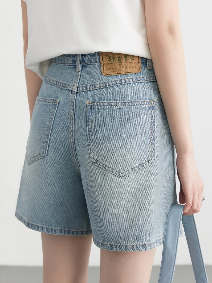 CHIC VEN Women Jeans Blue Retro Loose Design Distressed Slanted Placket Cotton Denim Shorts Straight Leg Short Pants Summer 2024