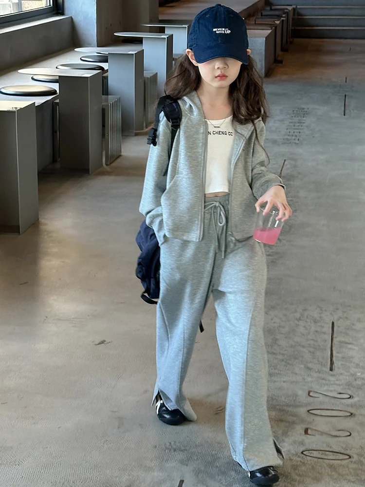 女の子春秋用フード付きジャケットセット、フレアパンツ付きツーピーススーツ、韓国風コットンポリエステル混紡素材の子供服