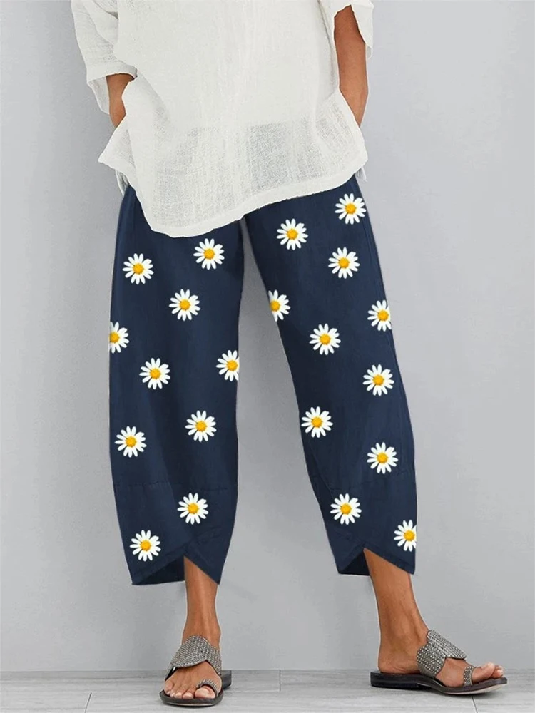 Capri Pants Women's Casual Pants Summer Print Cut Versatile And Comfortable Loose Pants Beach Pants With Pockets Women