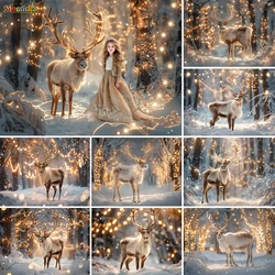 Winter Snow Scenes Photography Background Studio Reindeer Christmas Wonderland Nature Backdrop Kid Art Photo Glitter Light Booth