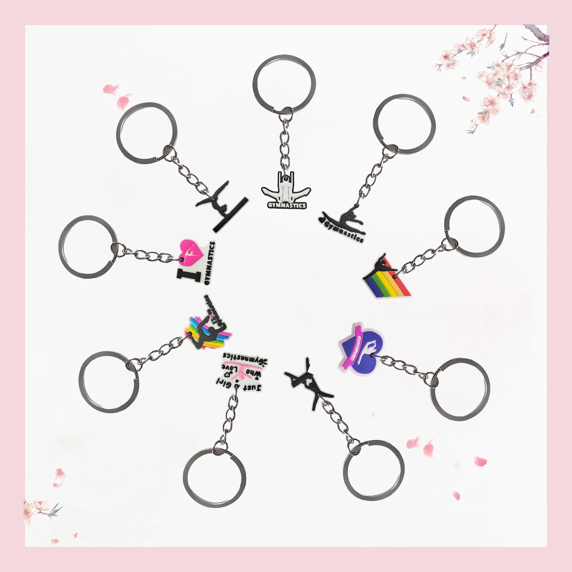 1/9/16Pcs I Love Gymnastics PVC Keychain Keep Calm Point Your Toes Woman Bag Pendant Kids Key Ring Decorations