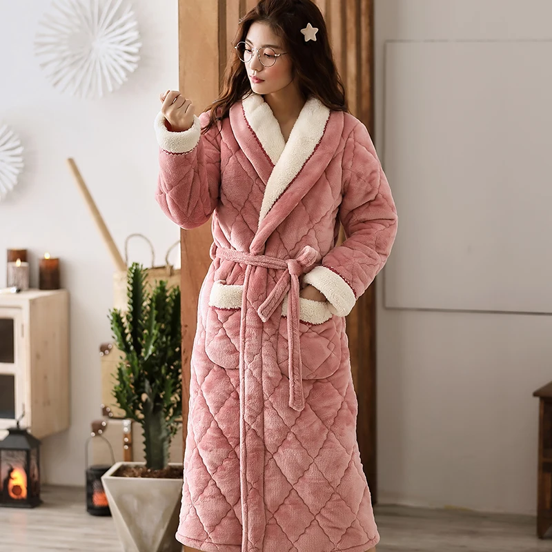 Coral fleece female bathrobe thick 3 layers quilted flannel bathrobe winter autumn thickening terry women robe lace adorn kimono