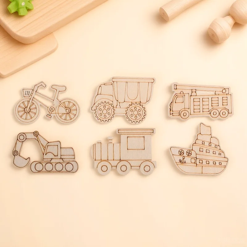 

50pcs Wooden Vehicle Cutouts Unfinished Wood Slices Diy Craft Accessories Creative Decorative Ornaments Wood Blank Chips Kids