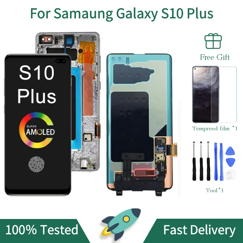 S10+ Screen For Samsung Galaxy S10 Plus Display SM-G975F SM-G975U SM-G975W Touch Screen Digitizer SM-G9750 6.4\