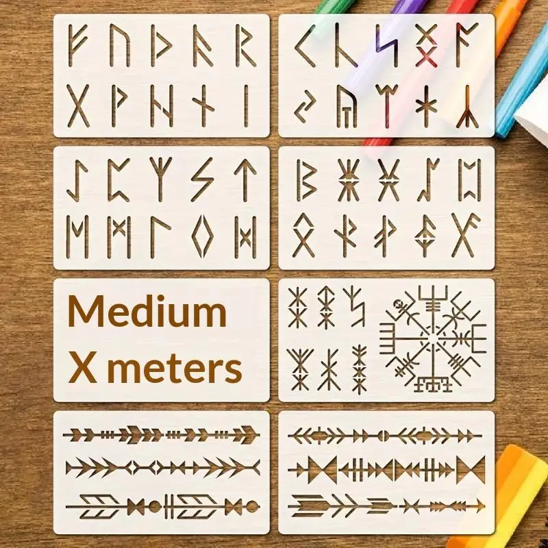 8Pcs Viking Rune Stencils Reusable PET Painting Templates Norse Symbol Arrow Border DIY Wall Wood Fabric Journal Craft Decor