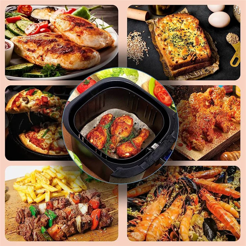 ورق زبدة للمقلاة الهوائية A74X 100 قطعة 8.5 بوصة ورق مثقوب مربع غير مبيض لمقالي الهواء/الخبز/الطبخ