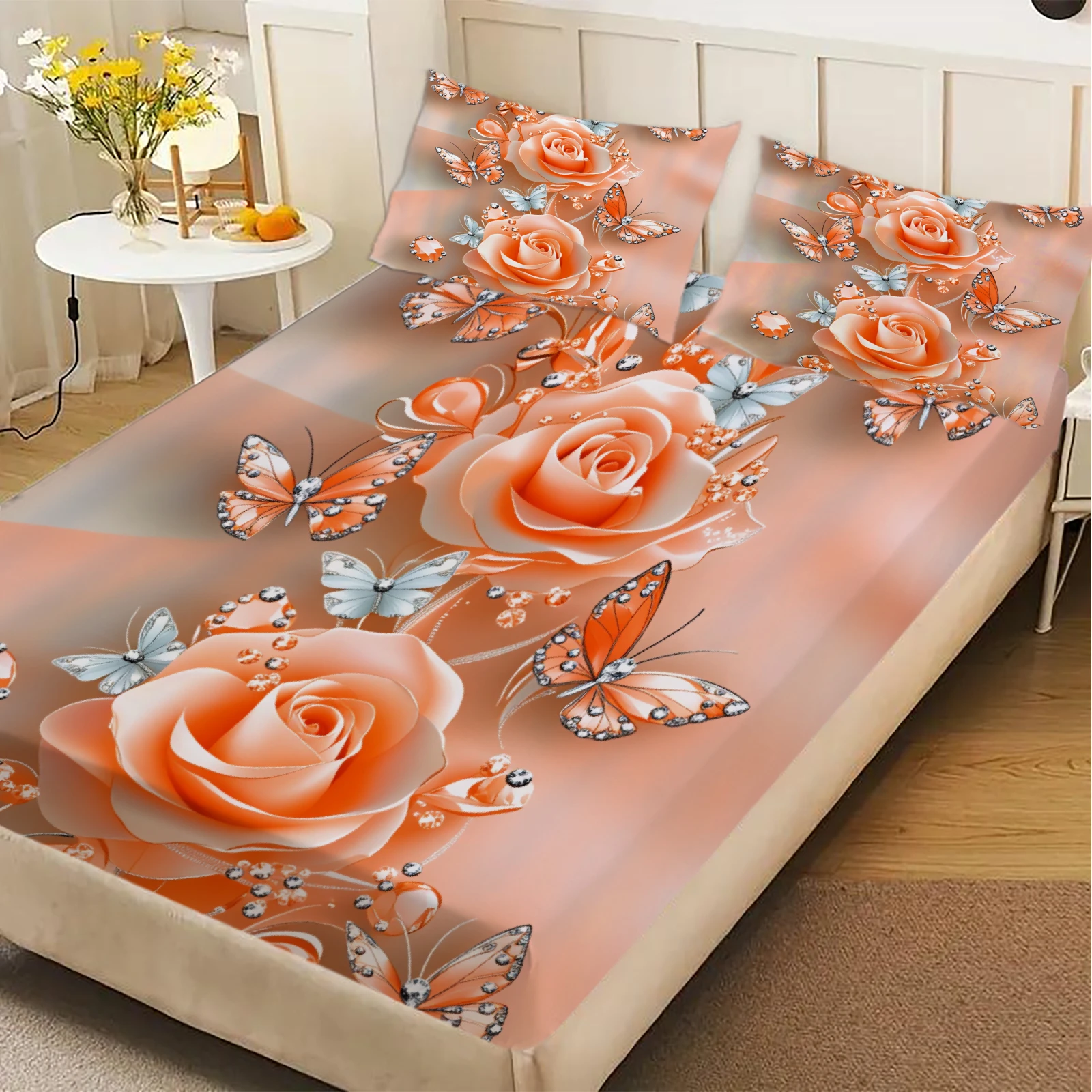 Rose And Butterfly Printed Fitted Sheet Set Peach Color Floral Design With Pillowcases For Bedroom Decor