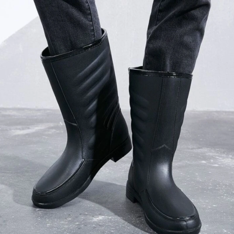 Men Warm Mid Calf Rain Boots Ultra Soft Lightweight Waterproof Non Slip Shoes for Delivery Riders Kitchen Fashion Footwear