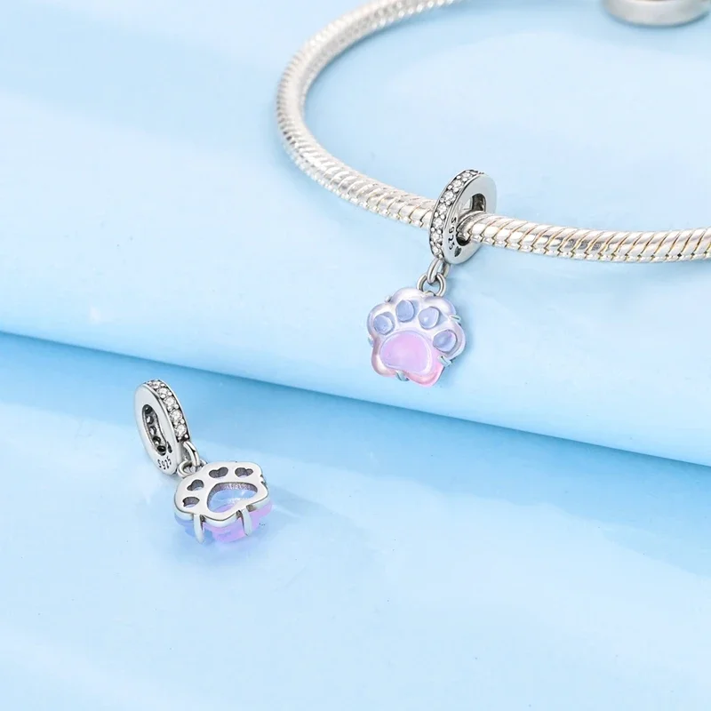 

Оригинальные подвески из стерлингового серебра 925 пробы, светящиеся розовые, синие бусины с принтом когтей, подходят для браслетов Plata 925, для женщин, изготовление ювелирных изделий, подарок