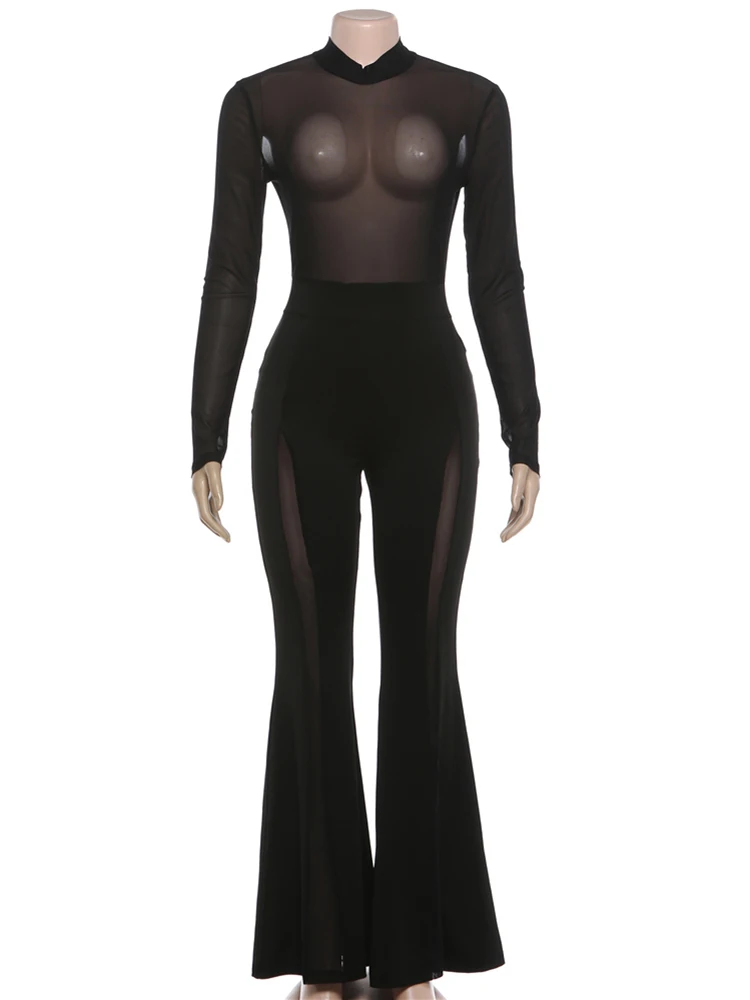 Whatiwear Coquett Overall Damen O-Ausschnitt Patchwork Reißverschluss Durchsichtig Volle Ärmel Skinny Sexy Mitternacht Mode Klassische Streetwear