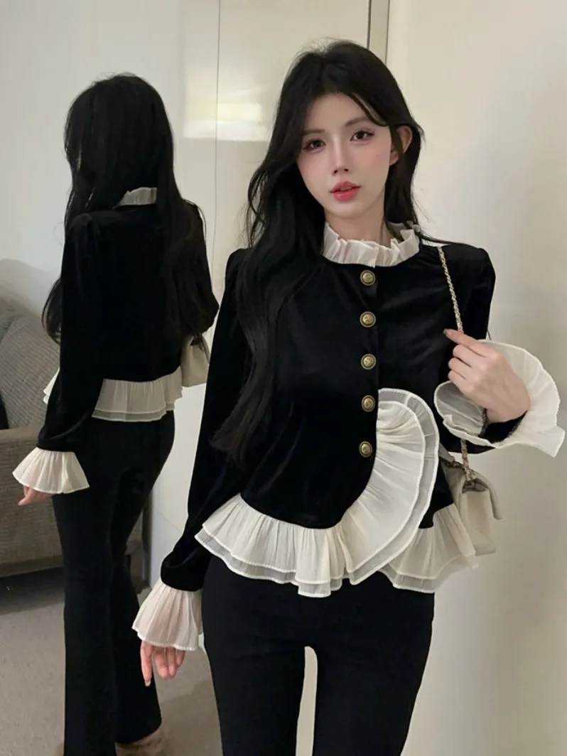 

Velvet Bell Sleeve Shirt Women's Autumn Winter High-End Feel Half High Collar Base Layer Top Fashionable Bell Bottoms