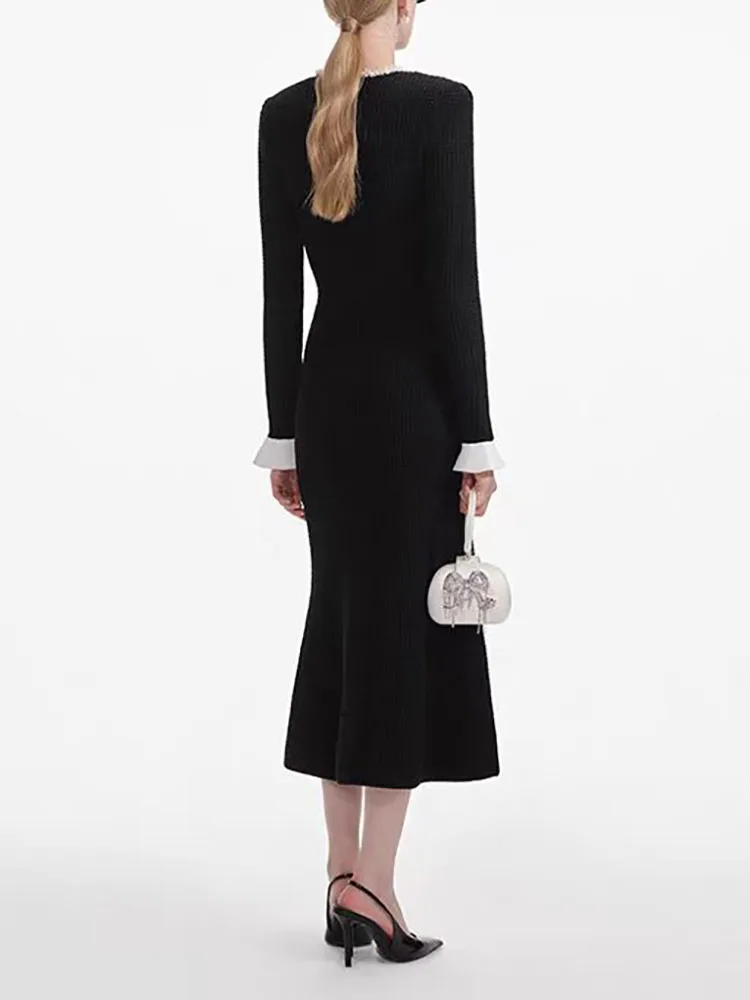 Woman clothing y2k fall and winter pearl knit fishtail dress woven V-neck Dresses2024 waist thin new long dresses Party dresses